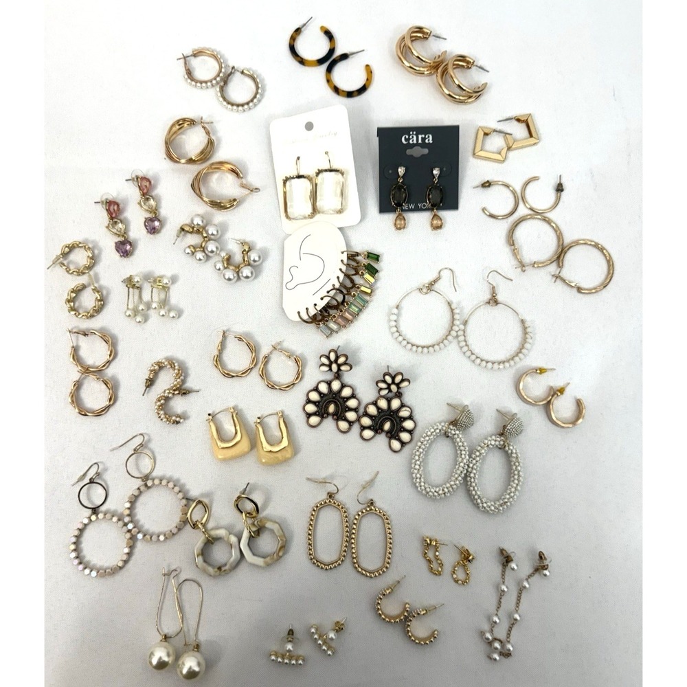 34 Pairs Gold Tone Pierced Earrings Various Styles Sizes